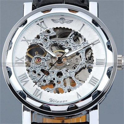 Fashion Winner Black Leather Band Stainless Steel Skeleton Mechanical Watch For Men Silver